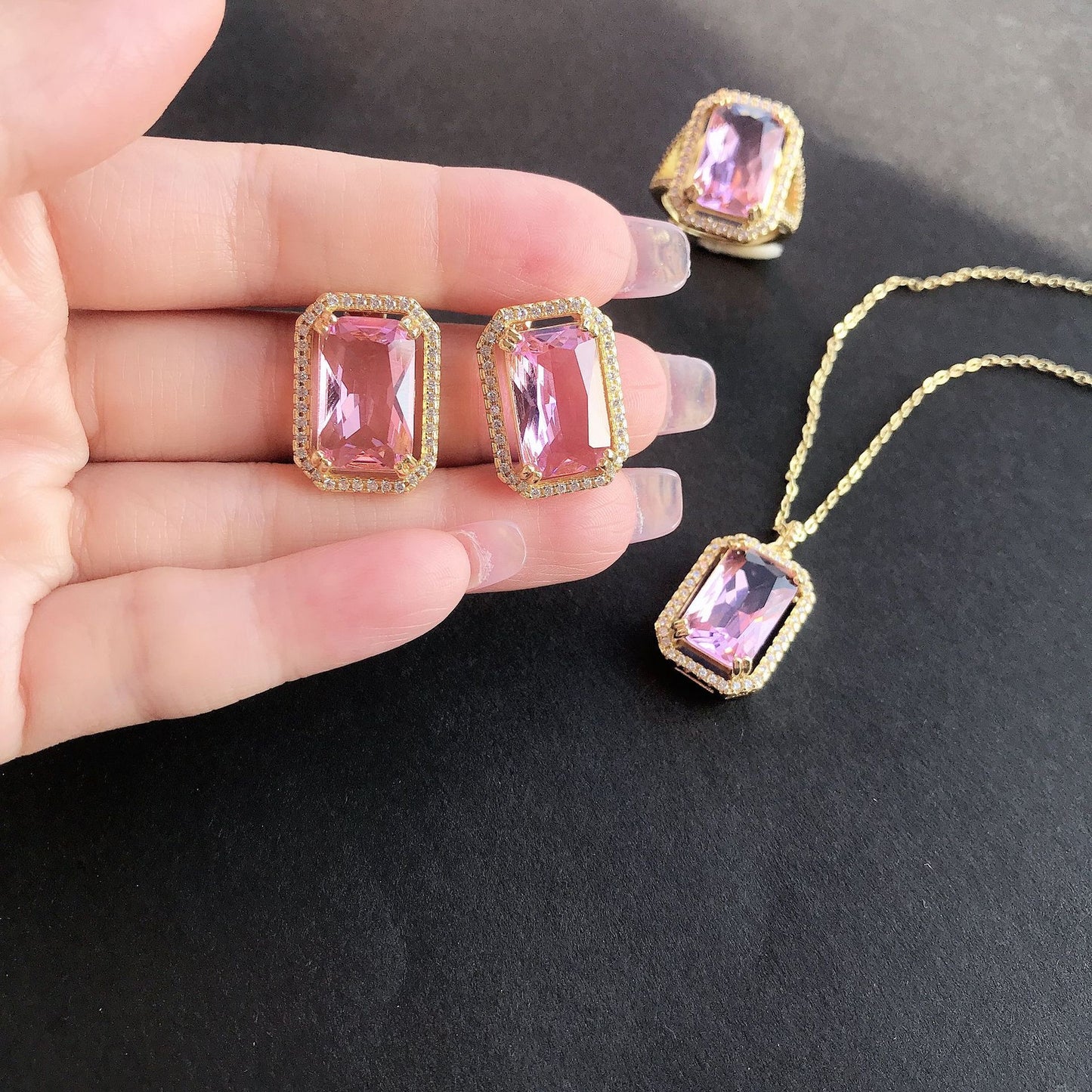 Pink Rhinestones ring, pendent and earrings set