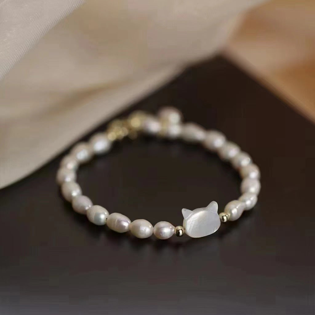 DIY freshwater Pear bracelet with white cat shaped shell