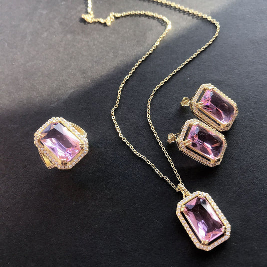 Pink Rhinestones ring, pendent and earrings set