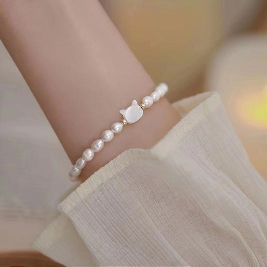 DIY freshwater Pear bracelet with white cat shaped shell
